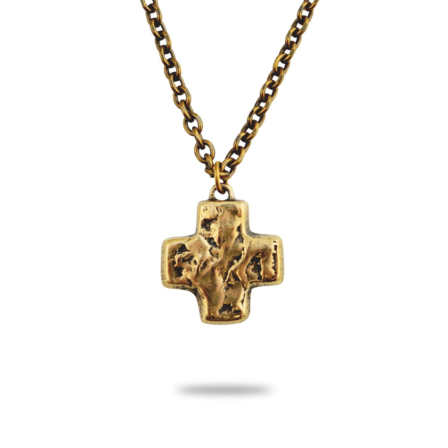 A bronze necklace with a hammered cross pendant on a gold-colored chain.