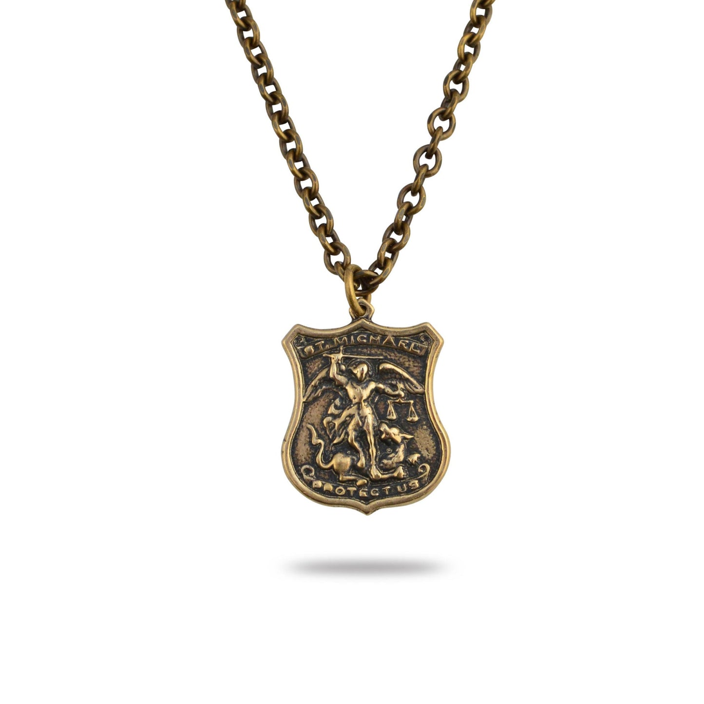 A bronze St. Michael the Archangel pendant necklace with a shield-shaped amulet, suspended from a bronze chain.