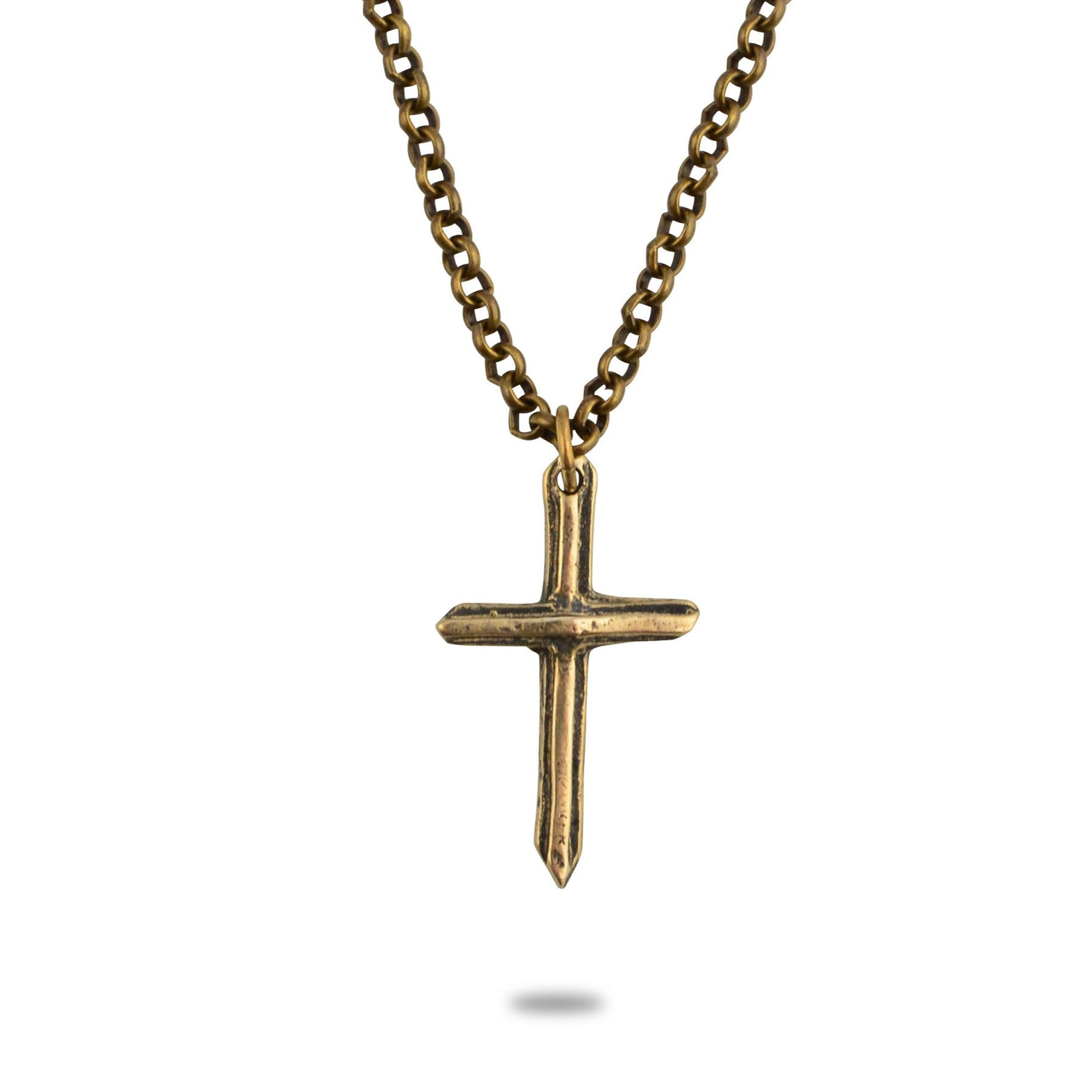 A bronze cross pendant on a matching bronze chain necklace.