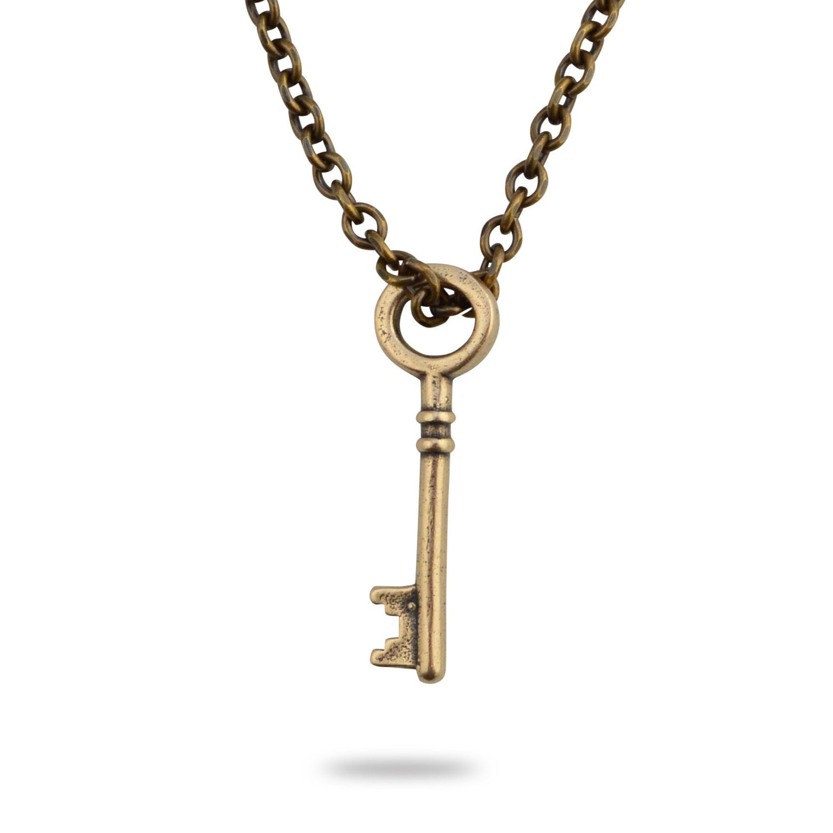 A bronze rustic key necklace with a matching bronze chain.