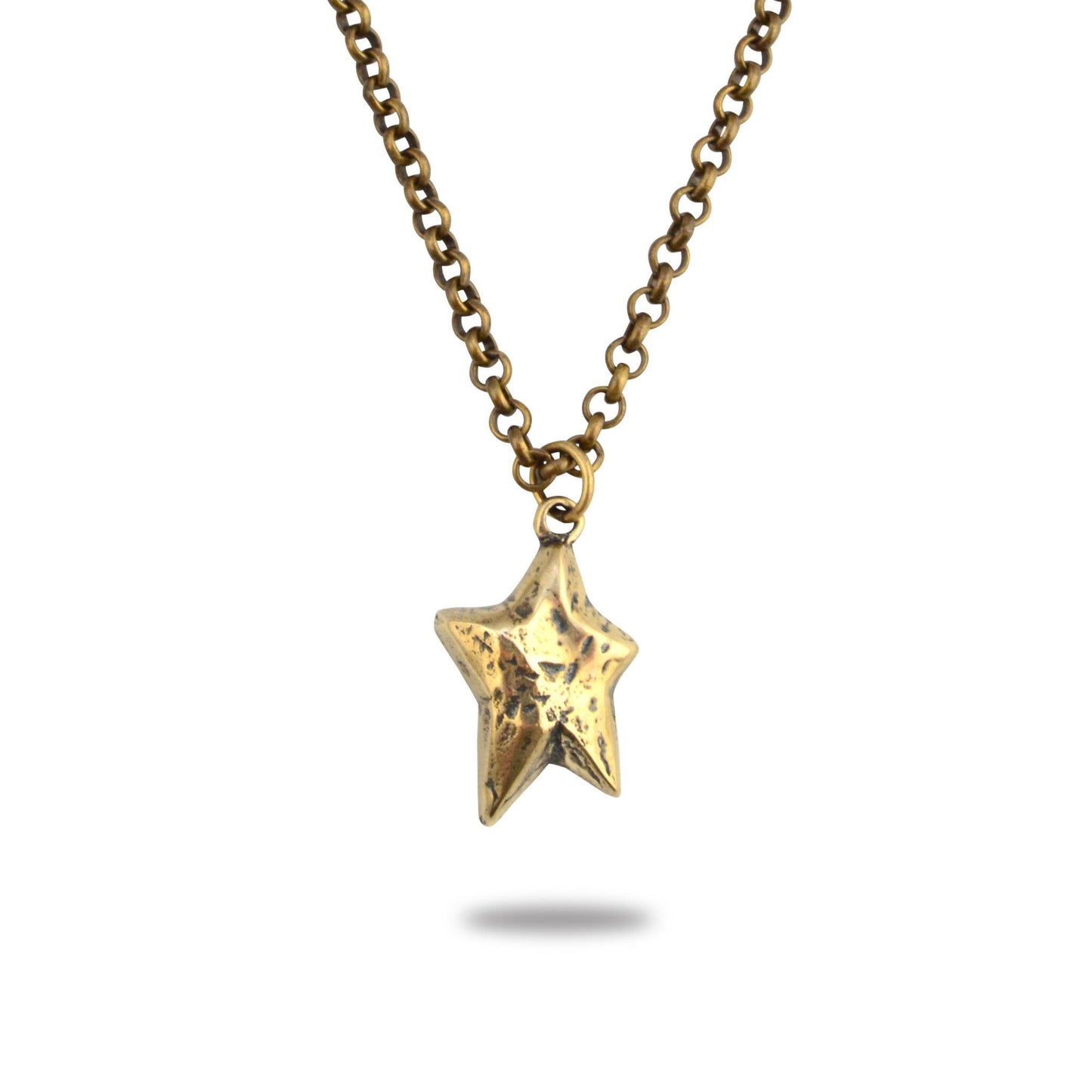 A bronze necklace with a star-shaped pendant, displayed against a white background.