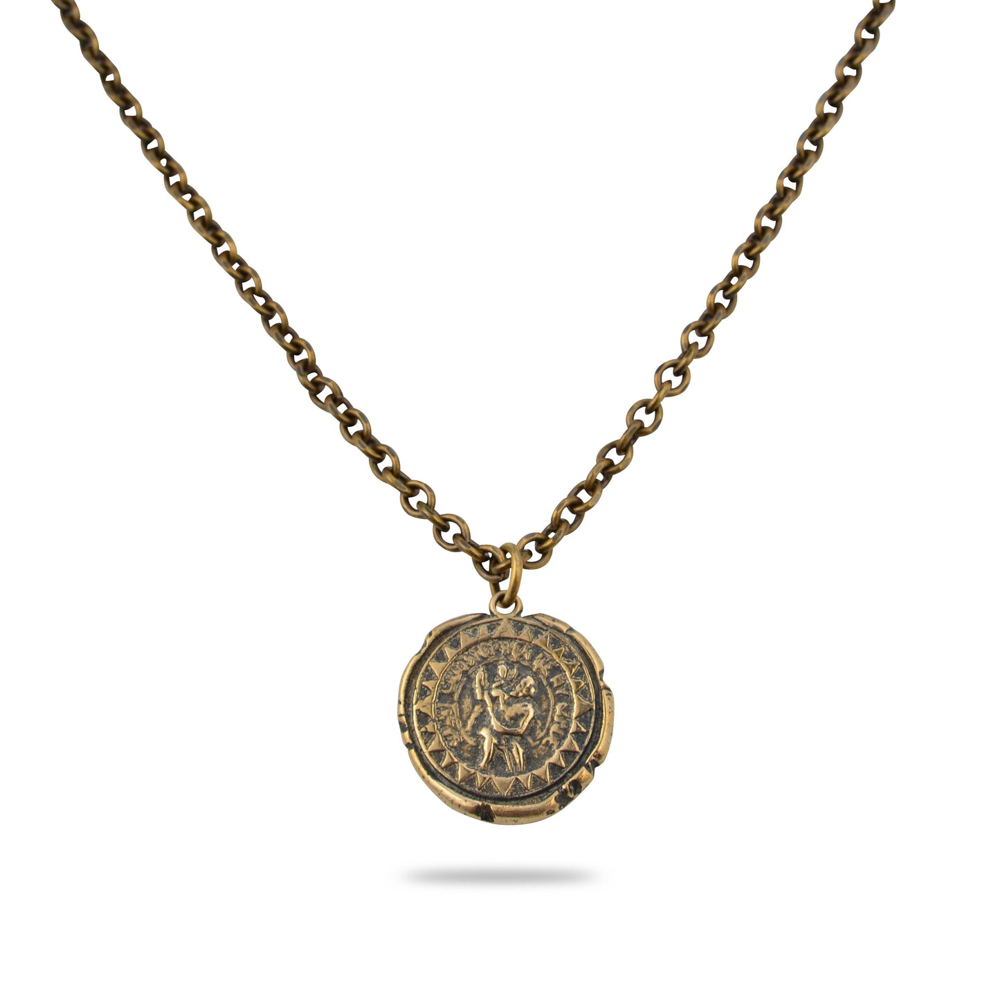 A vintage bronze Saint Christopher necklace with a wax seal pendant, encircled by a chain.