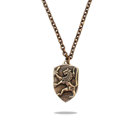 A bronze necklace with a shield-shaped pendant featuring a lion design.
