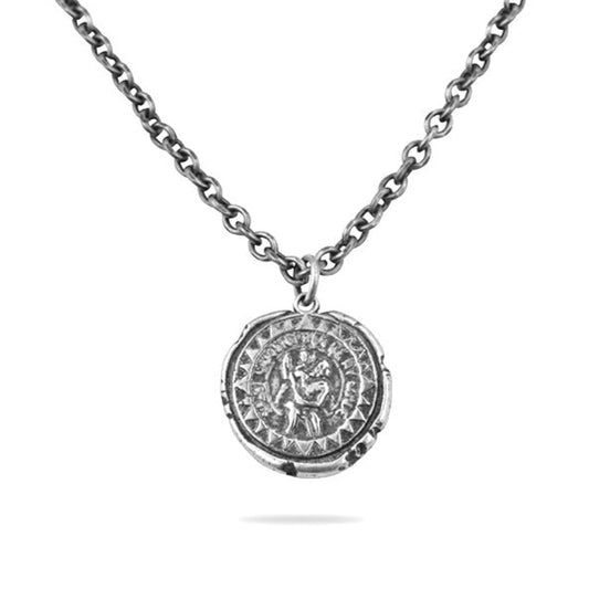 A vintage-style necklace featuring a pewter pendant with an embossed image of Saint Christopher, surrounded by a decorative border, on a steel chain.
