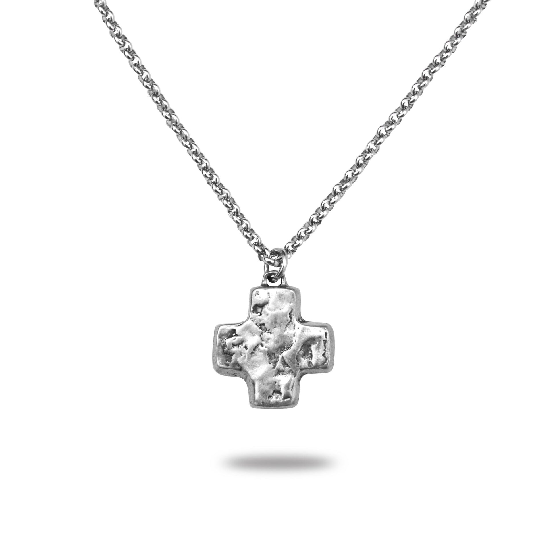 A silver-colored pewter necklace with a symmetrical cross pendant and a sturdy chain.
