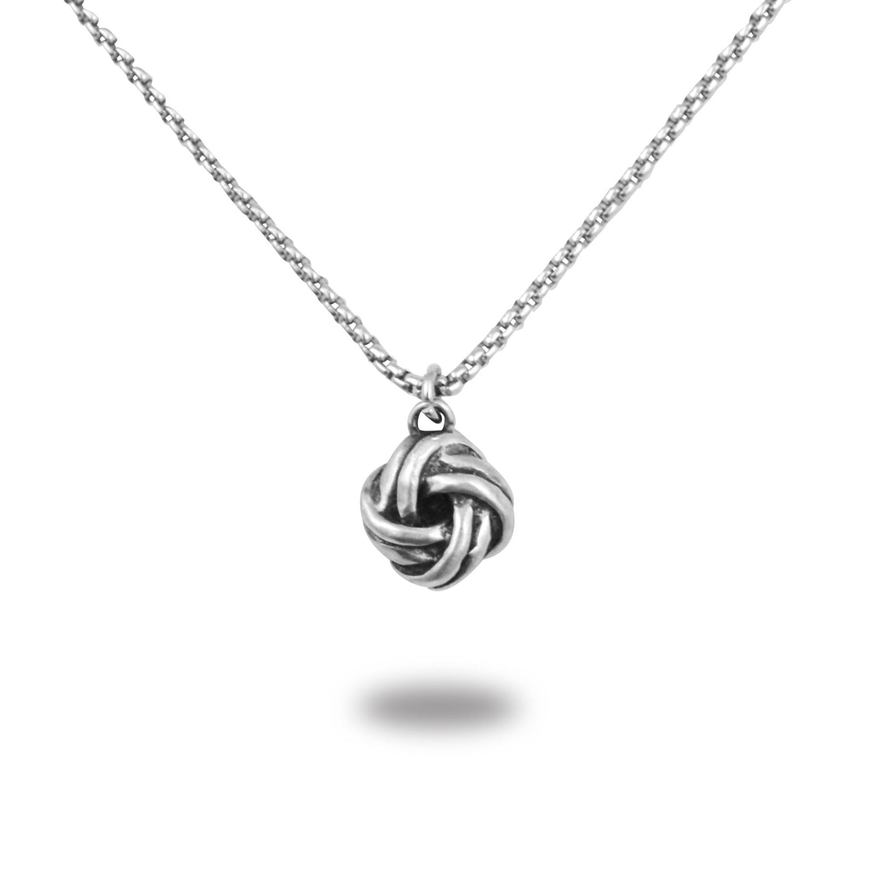 A pewter pendant necklace with a Love Knot design, featuring a complex intertwined Celtic knot, suspended from a fine steel chain.