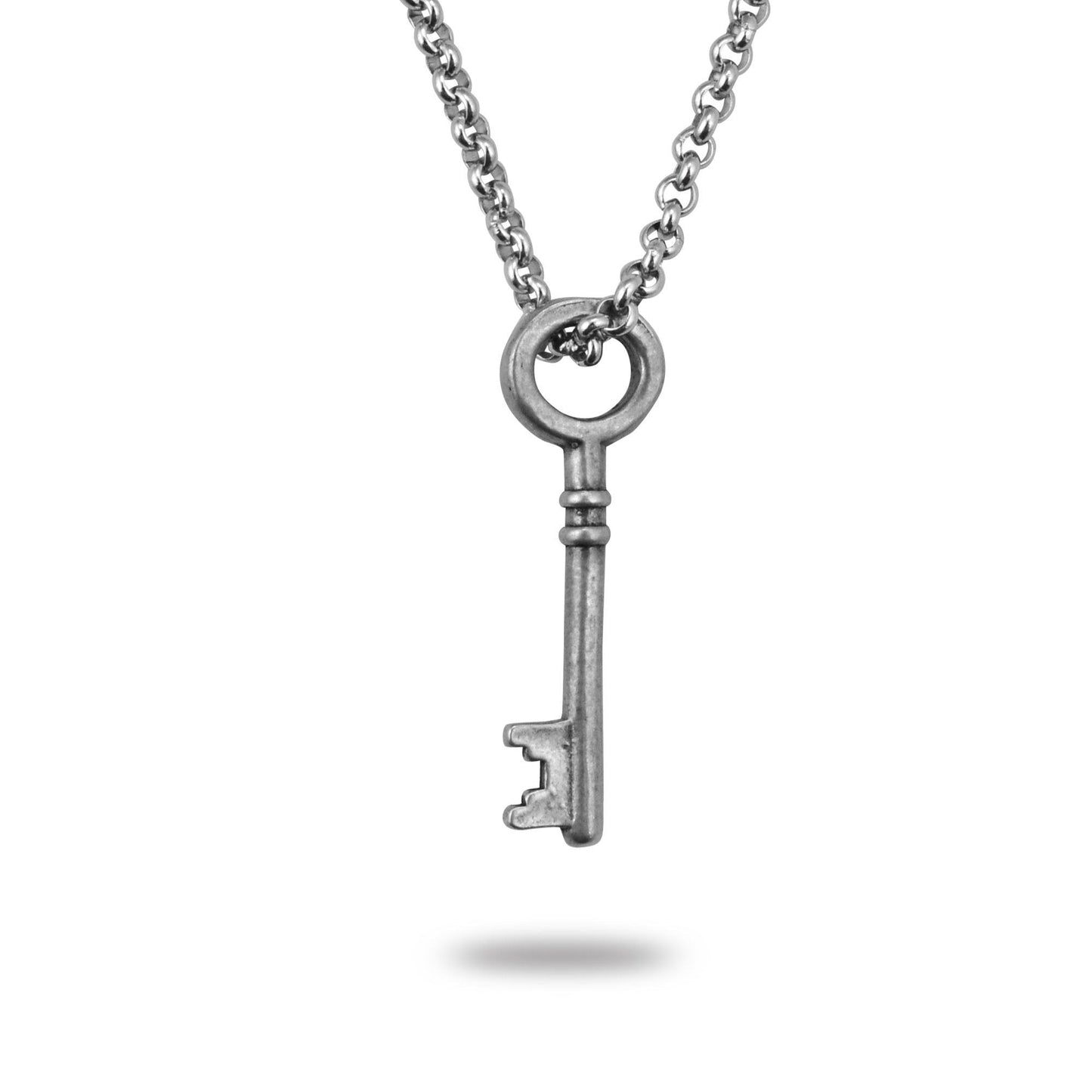 A silver-colored necklace featuring a rustic key pendant with a chain.
