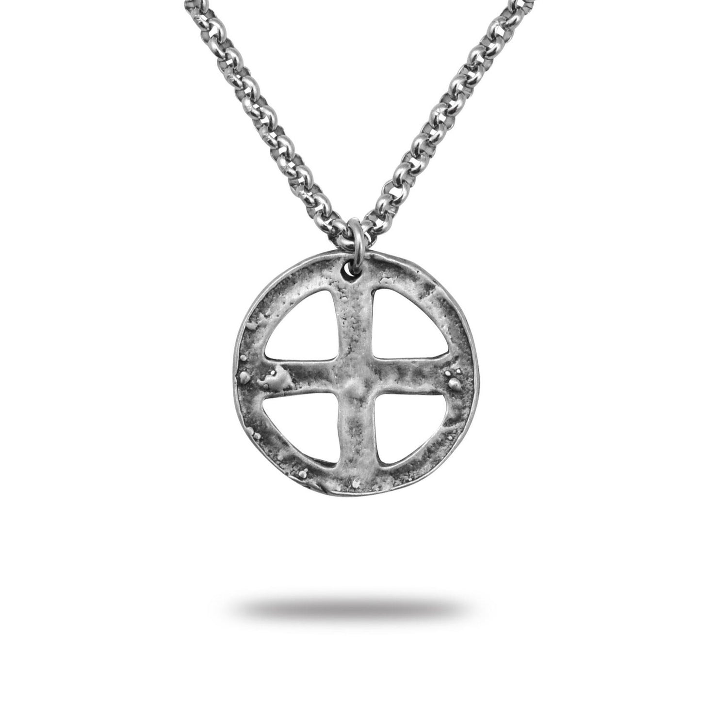 A silver necklace pendant featuring a geometric design of a cross within a circle, with a textured finish, attached to a steel chain.