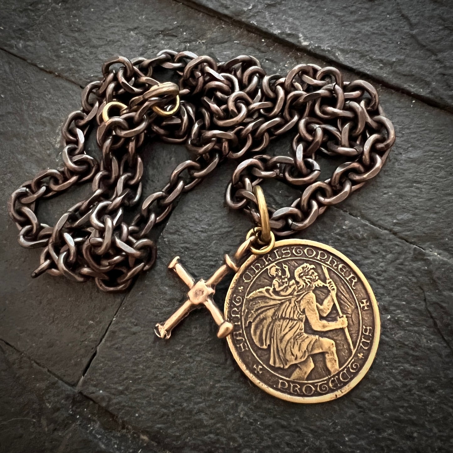 St. Christopher and Cross Antiqued Brass Men's Necklace, Johnny LTD Vintage Catholic Medal and Ancient Cross, Unisex Necklace, BR-025-20