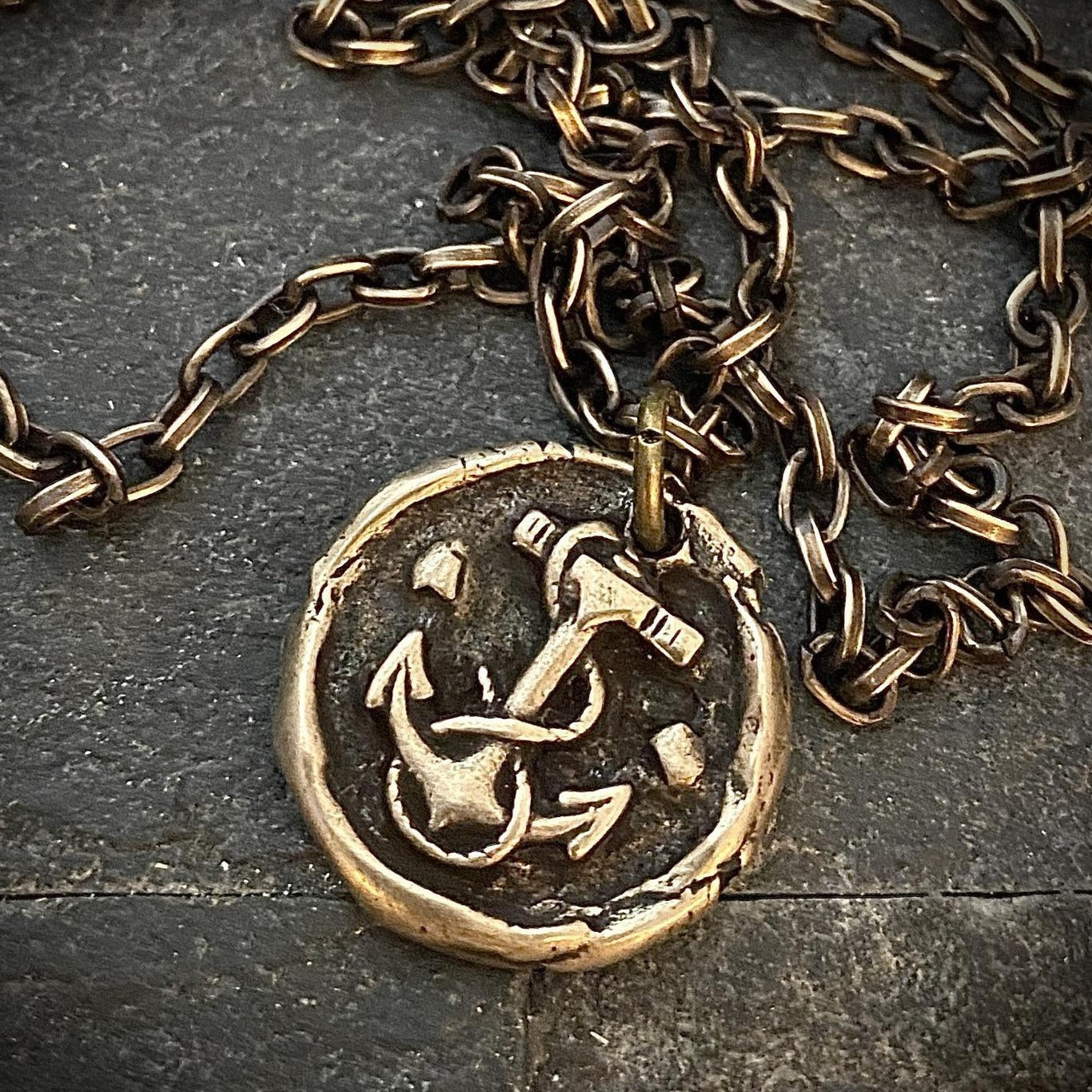 Wax Seal Nautical Anchor Necklace, Brass and Bronze Men's Unisex Ship Sea Jewelry, 20 or 24 Inch Rolo Chain, BR-048