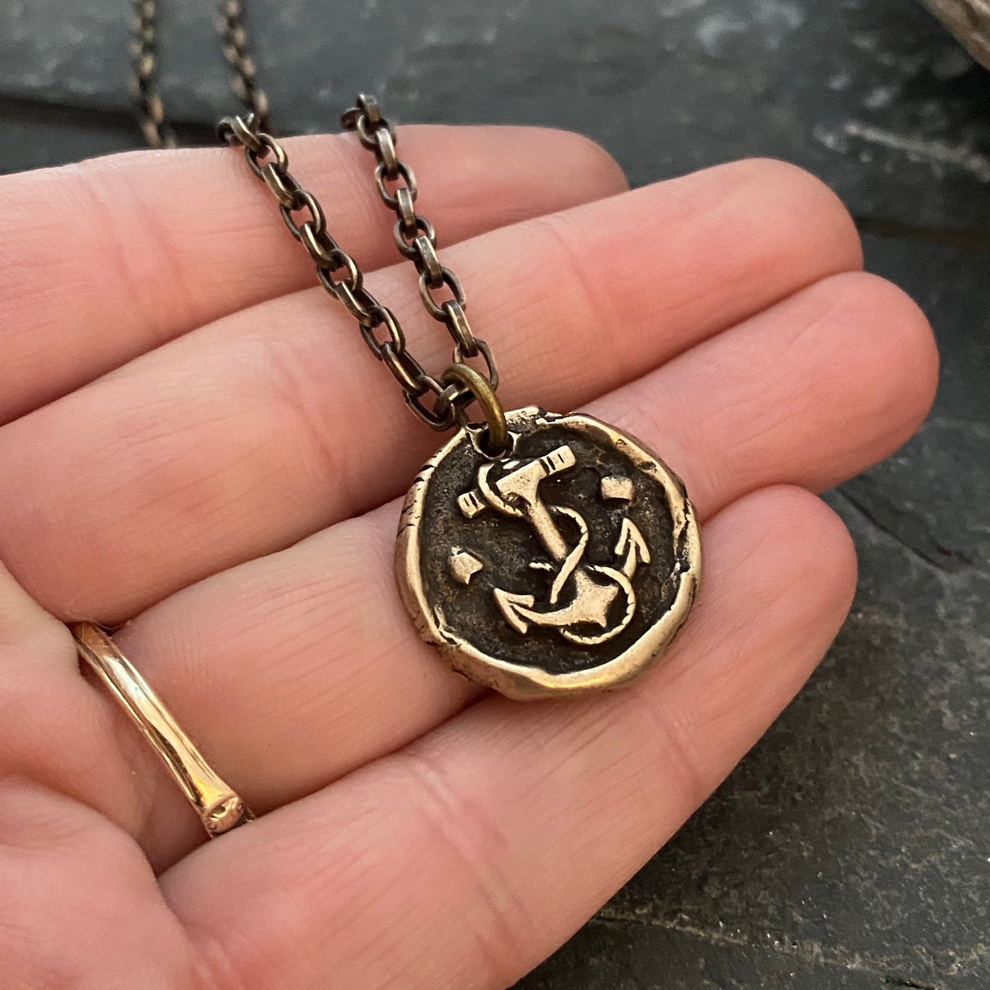 Wax Seal Nautical Anchor Necklace, Brass and Bronze Men's Unisex Ship Sea Jewelry, 20 or 24 Inch Rolo Chain, BR-048