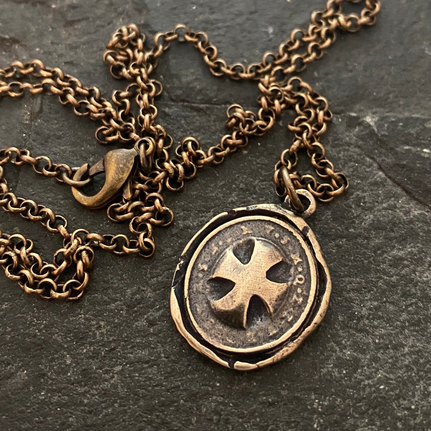 Men's Wax Seal Cross Necklace, Solid Brass Bronze, Unisex Jewelry, Chain length in 20 or 24 inches BR-058