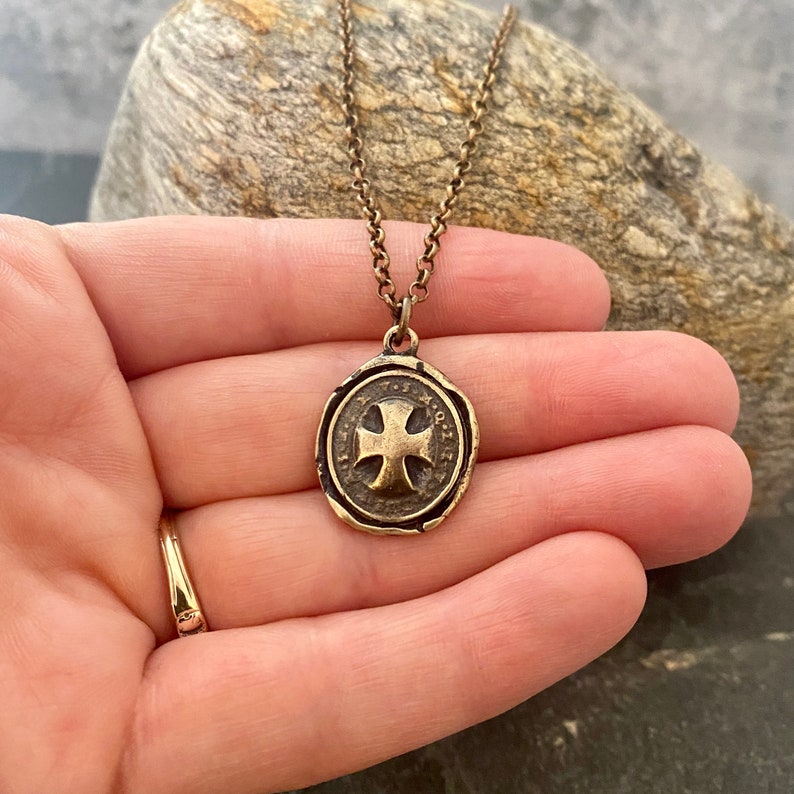 Men's Wax Seal Cross Necklace, Solid Brass Bronze, Unisex Jewelry, Chain length in 20 or 24 inches BR-058