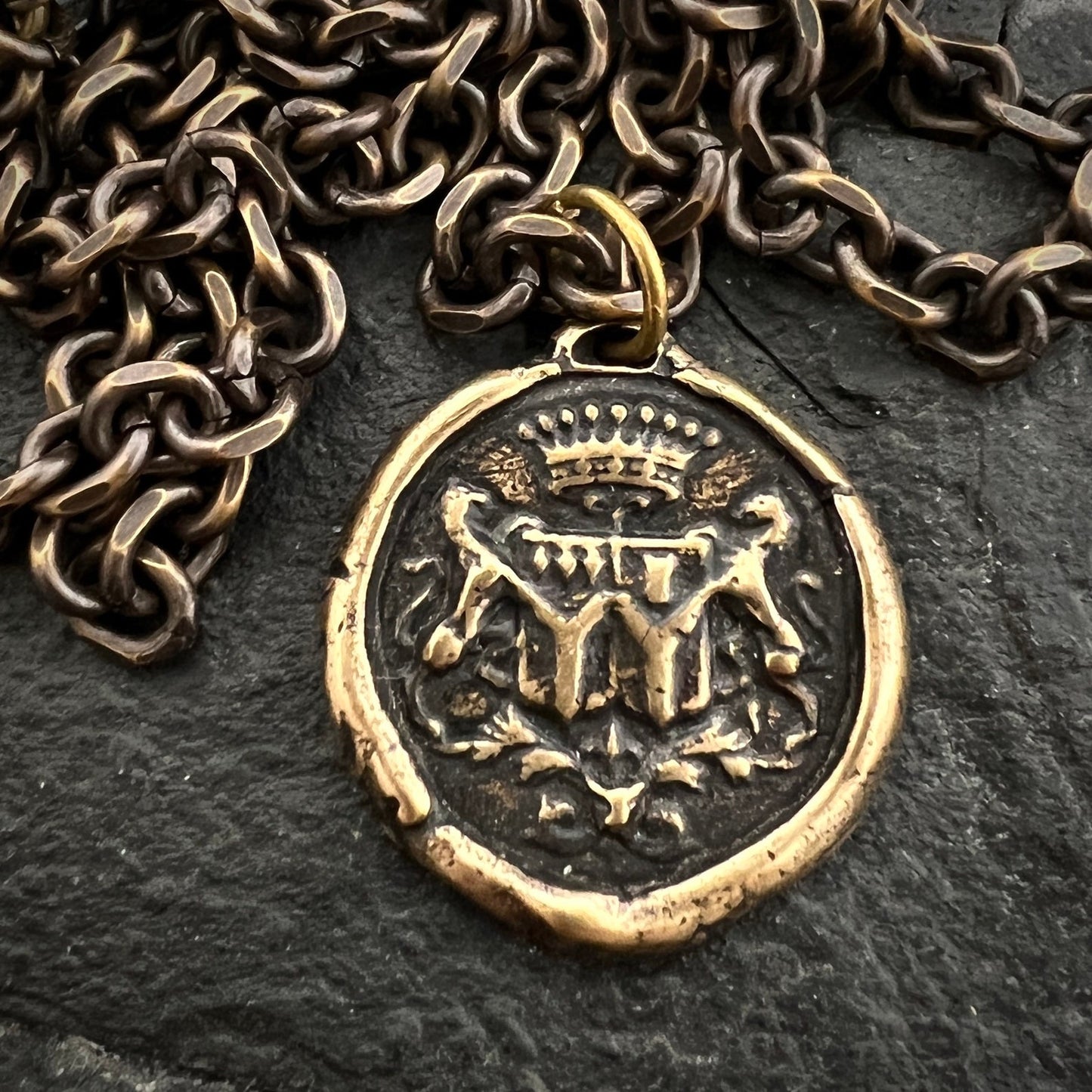 Men's Wax Seal Necklace with Crown, Antiqued Brass Bronze Unisex Amulet Jewelry, Chain length 20 or 24 inches BR-063