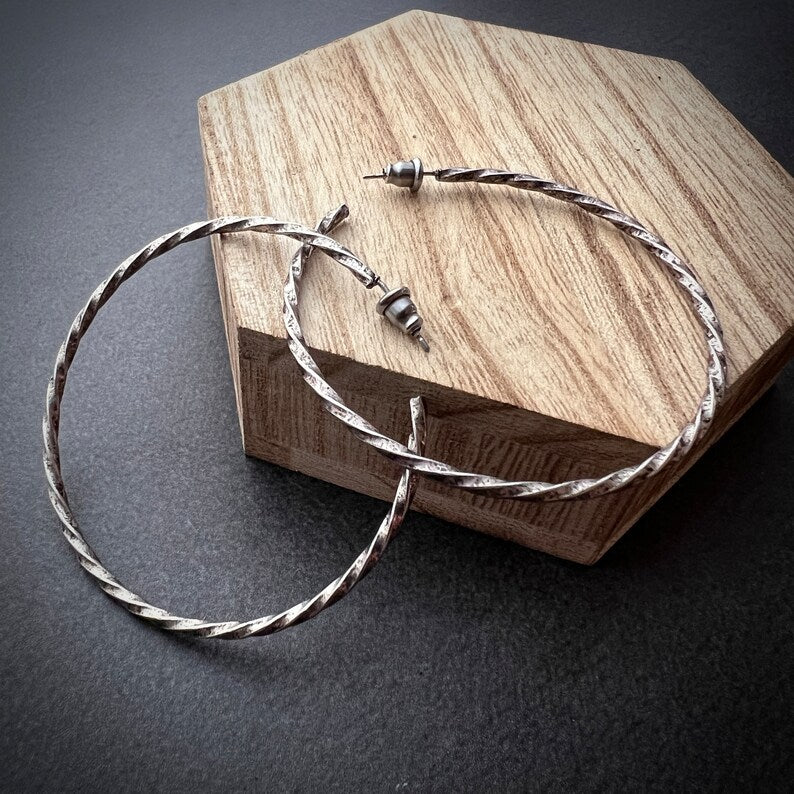 Vintage Large Thin Oxidized Silver Hoop Earrings, Simple Twisted Everyday Statement Earrings, JohnnyGirl