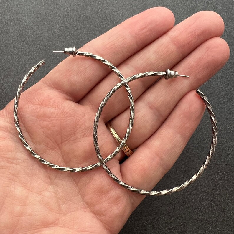 Vintage Large Thin Oxidized Silver Hoop Earrings, Simple Twisted Everyday Statement Earrings, JohnnyGirl