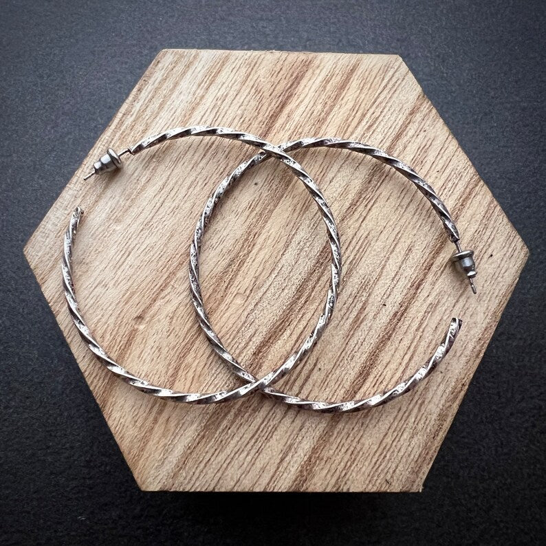 Vintage Large Thin Oxidized Silver Hoop Earrings, Simple Twisted Everyday Statement Earrings, JohnnyGirl