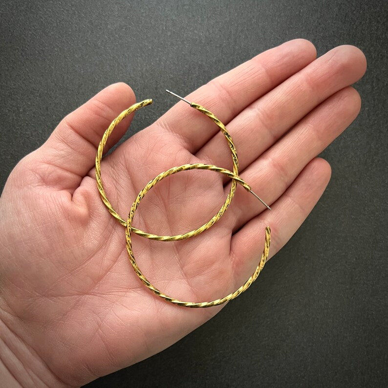Vintage Large Thin Antiqued Gold Hoop Earrings, Simple Twisted Everyday Statement Earrings, JohnnyGirl