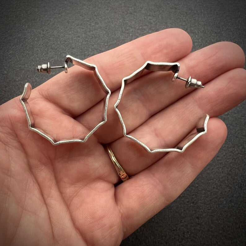 Vintage 80's, 90's Large Geometric Silver Hoop Post Earrings, JohnnyGirl