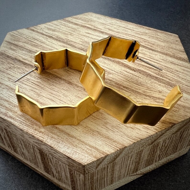 Vintage 80's, 90's Large Geometric Gold Hoop Post Earrings, JohnnyGirl