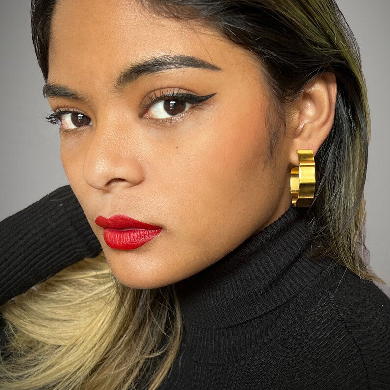 Vintage 80's, 90's Large Geometric Gold Hoop Post Earrings, JohnnyGirl