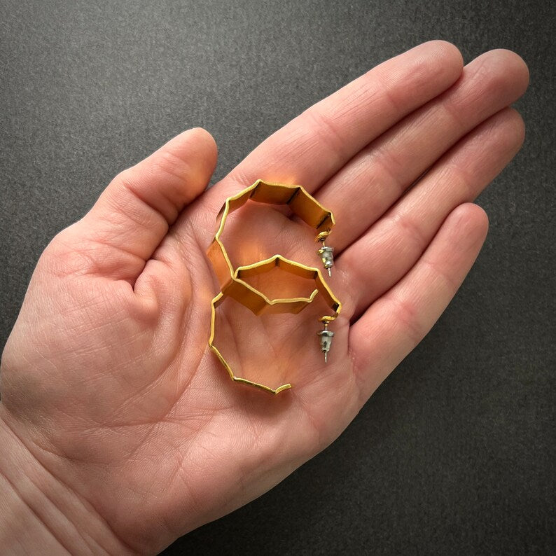 Vintage 80's, 90's Large Geometric Gold Hoop Post Earrings, JohnnyGirl