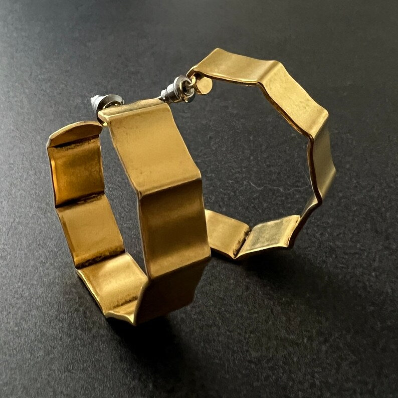 Vintage 80's, 90's Large Geometric Gold Hoop Post Earrings, JohnnyGirl