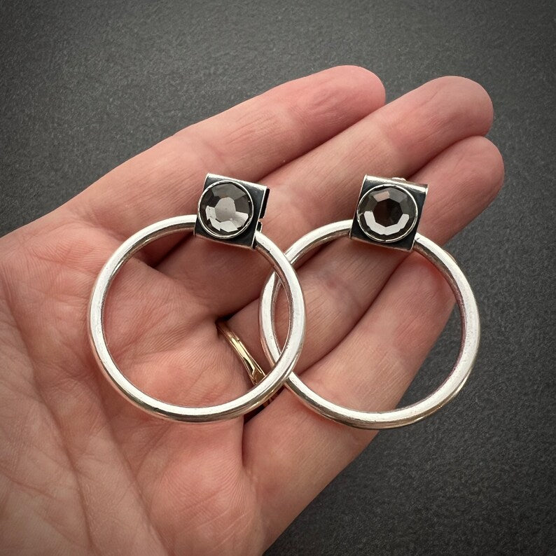 Vintage 80's, 90's Large Silver Hoop Post Earrings with Swarovski Crystal, JohnnyGirl