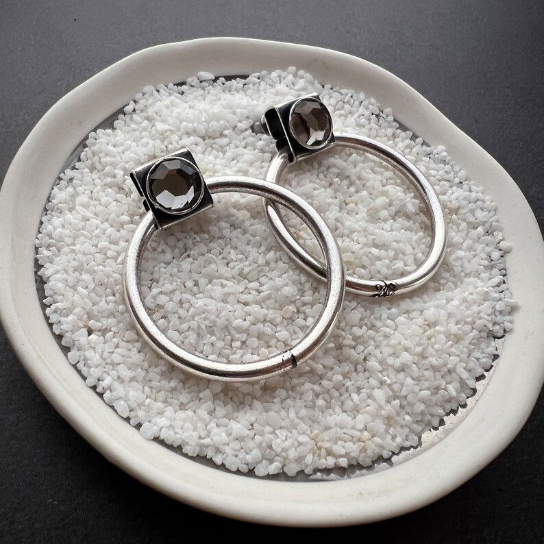 Vintage 80's, 90's Large Silver Hoop Post Earrings with Swarovski Crystal, JohnnyGirl