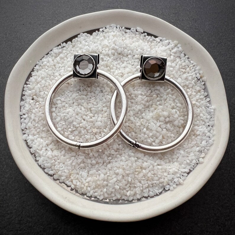 Vintage 80's, 90's Large Silver Hoop Post Earrings with Swarovski Crystal, JohnnyGirl