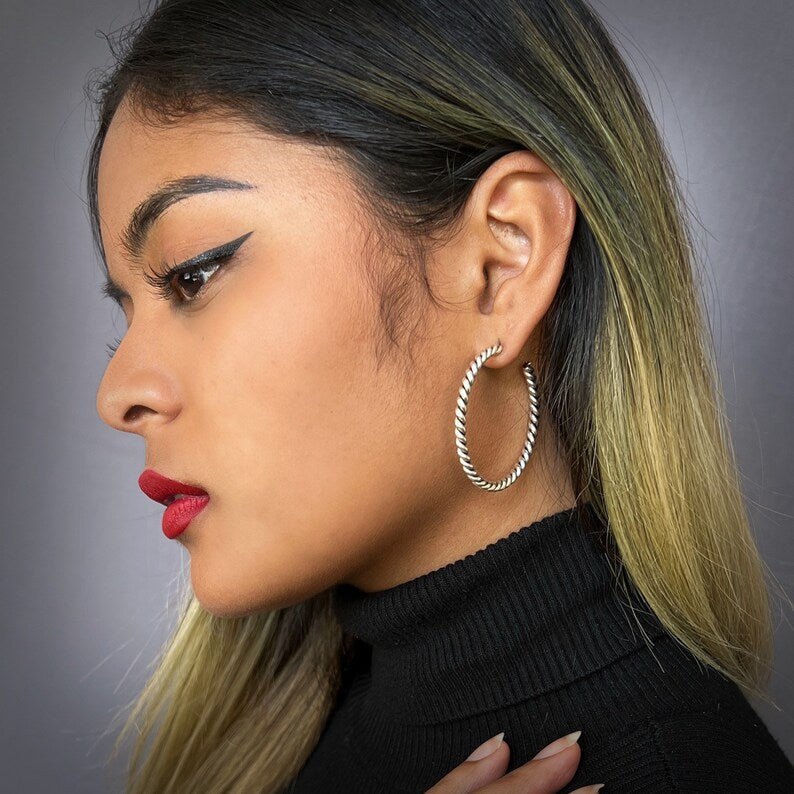 Vintage Large Silver Hoop Earrings, Simple Twisted Everyday Statement Earrings, JohnnyGirl