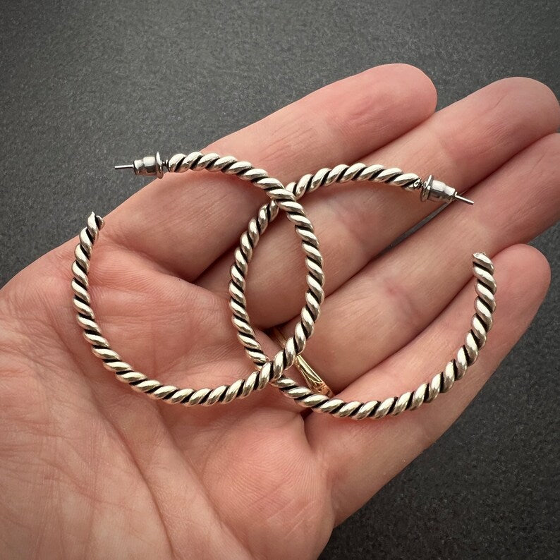 Vintage Large Silver Hoop Earrings, Simple Twisted Everyday Statement Earrings, JohnnyGirl