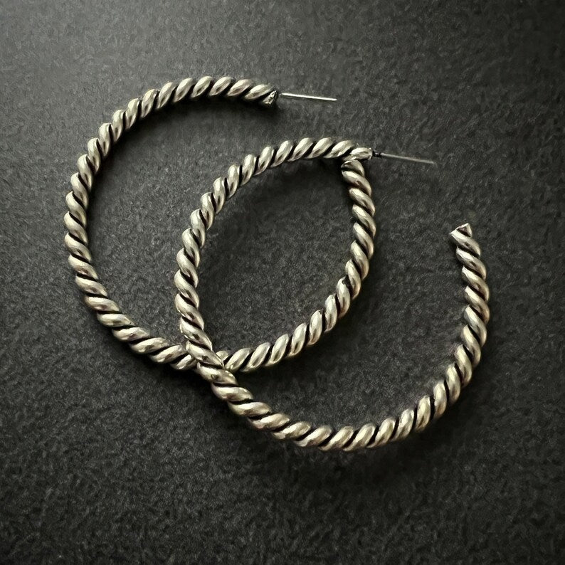 Vintage Large Silver Hoop Earrings, Simple Twisted Everyday Statement Earrings, JohnnyGirl