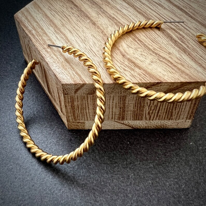 Vintage Large Gold Hoop Earrings, Simple Twisted Everyday Statement Earrings, JohnnyGirl