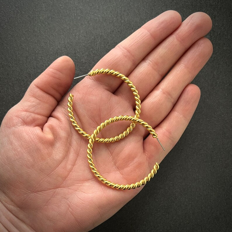 Vintage Large Gold Hoop Earrings, Simple Twisted Everyday Statement Earrings, JohnnyGirl
