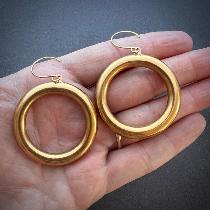 Vintage 80's, 90's Large Gold Hoop Dangle Earrings, JohnnyGirl