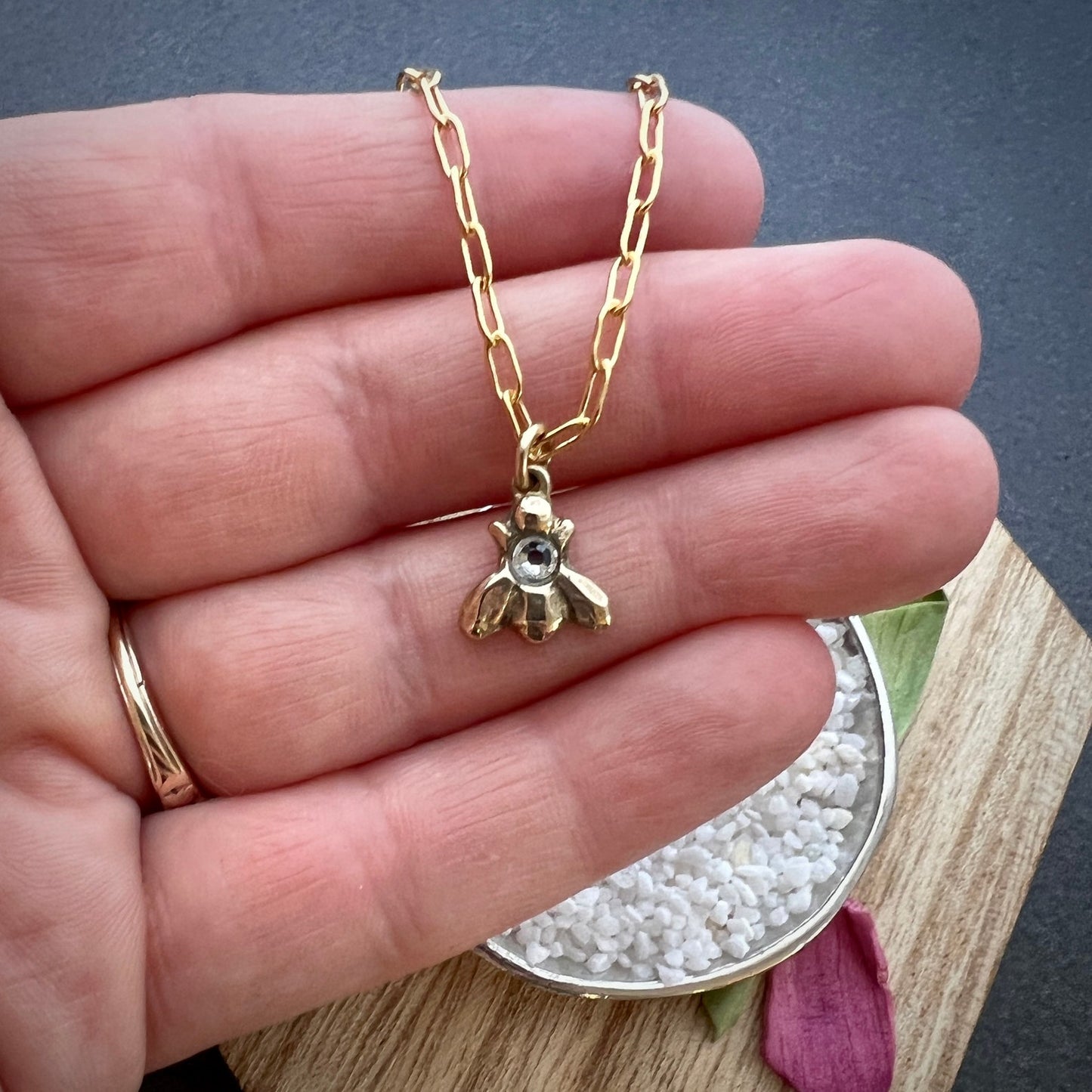 Tiny Bee Gold Necklace with Rhinestone, Minimal Brass Jewelry, Women's Girl Necklace, 15, 16, 17 inch Necklace, GBR-002