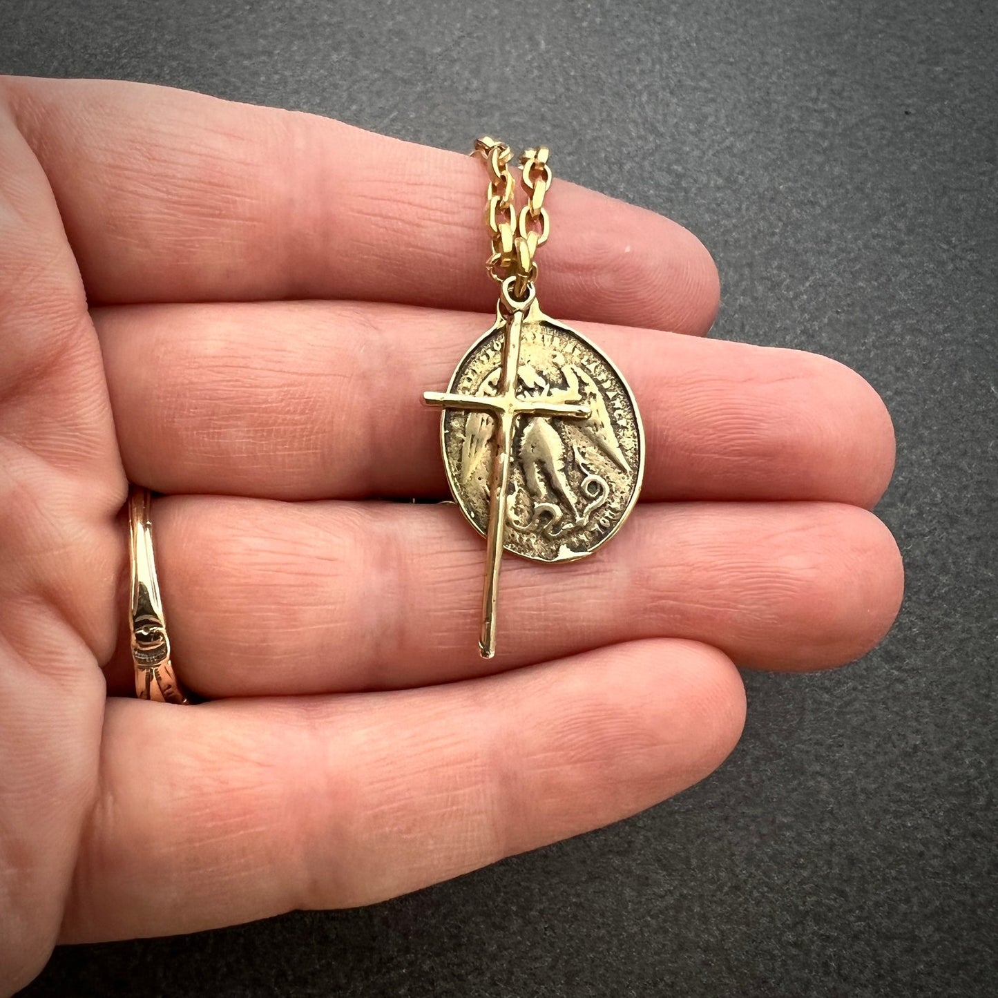 St. Michael and Cross Gold Necklace, Minimal Brass Jewelry, Women's 16, 17, 18 inch, JohnnyGirl, GBR-007