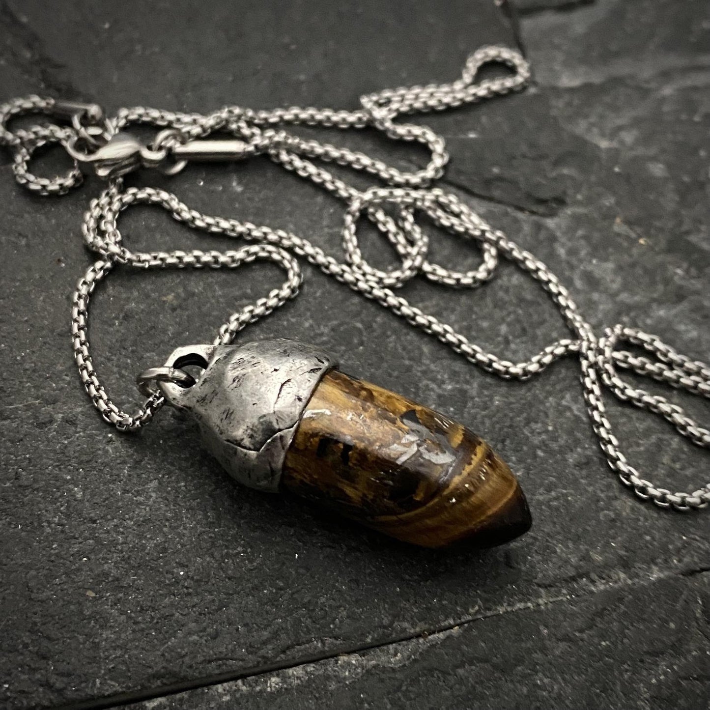 Men's Tiger Eye Necklace, Unisex Gemstone, Stone Protection Pendant, Stainless Steel, Boyfriend Gift, GS-001