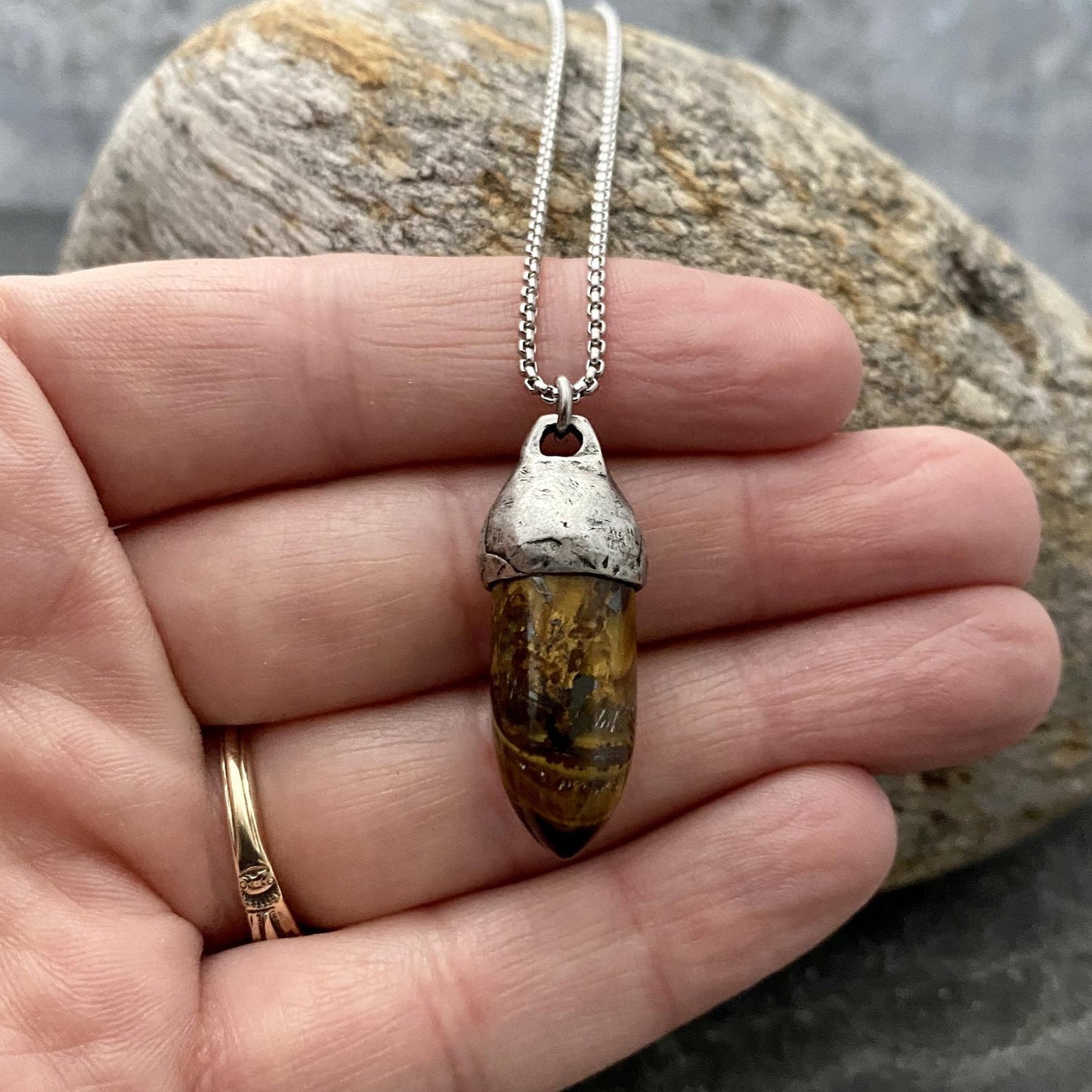 Men's Tiger Eye Necklace, Unisex Gemstone, Stone Protection Pendant, Stainless Steel, Boyfriend Gift, GS-001