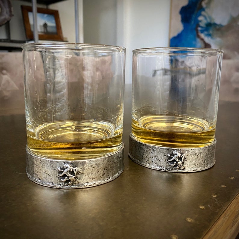 Custom Scotch Whiskey Rocks Glass, Metal Base, Antiqued Wax Seal, Men's Gift, SGM-001