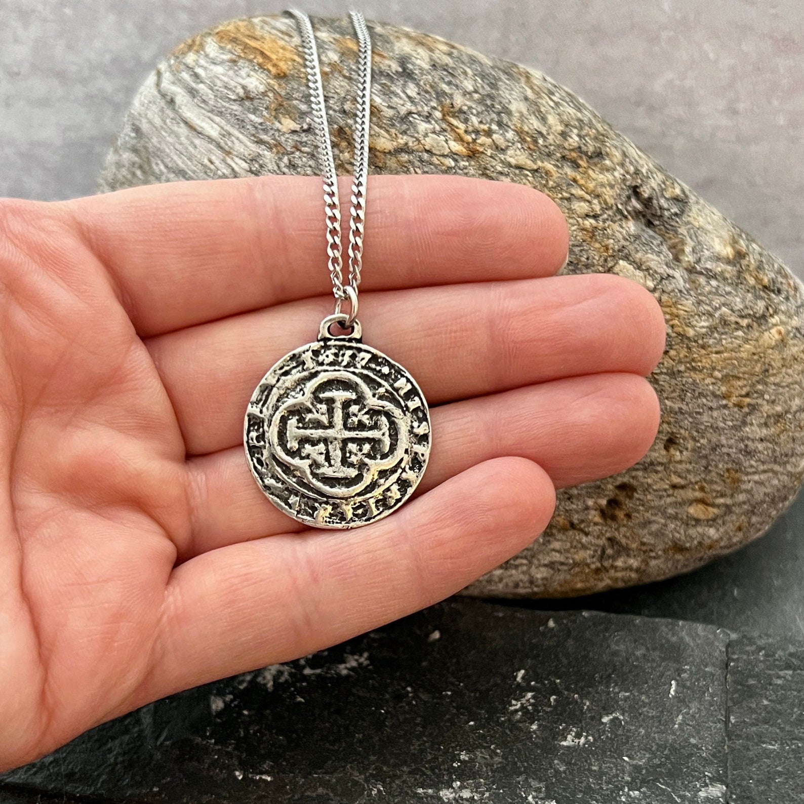 Old Spanish Doubloon Coin Men's Necklace, Shipwreck Pirate Cross Pendant Stainless Steel and Pewter Medal, Unisex Jewelry, ST-041 Johnny LTD