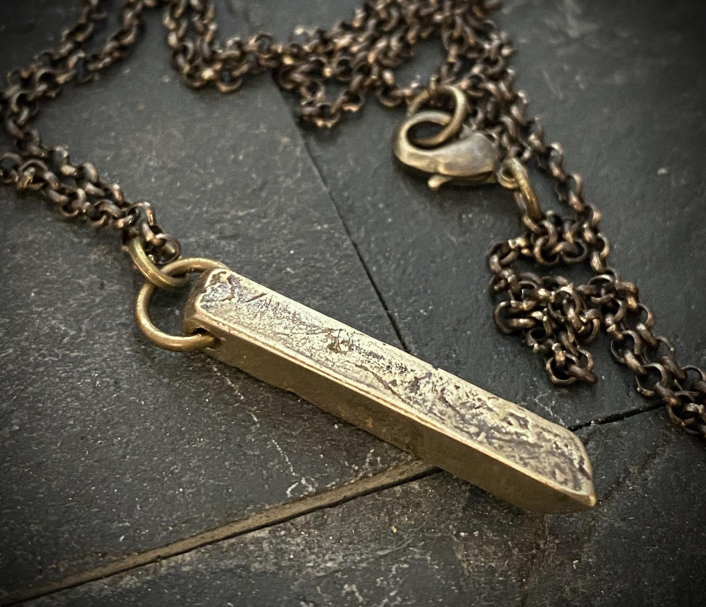 Organic Bronze Bar Modernist Necklace, Antiqued Brass Geometric Abstract Unisex Jewelry, 20 or 24 Inch Chain, BR-049