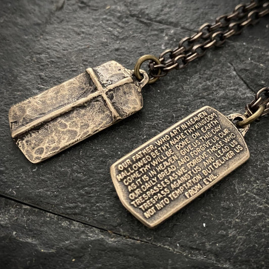 The Lord's Prayer Necklace, Men's Bronze Pendant with Cross and Brass Necklace, Unisex Jewelry Gift, Faith, BR-050