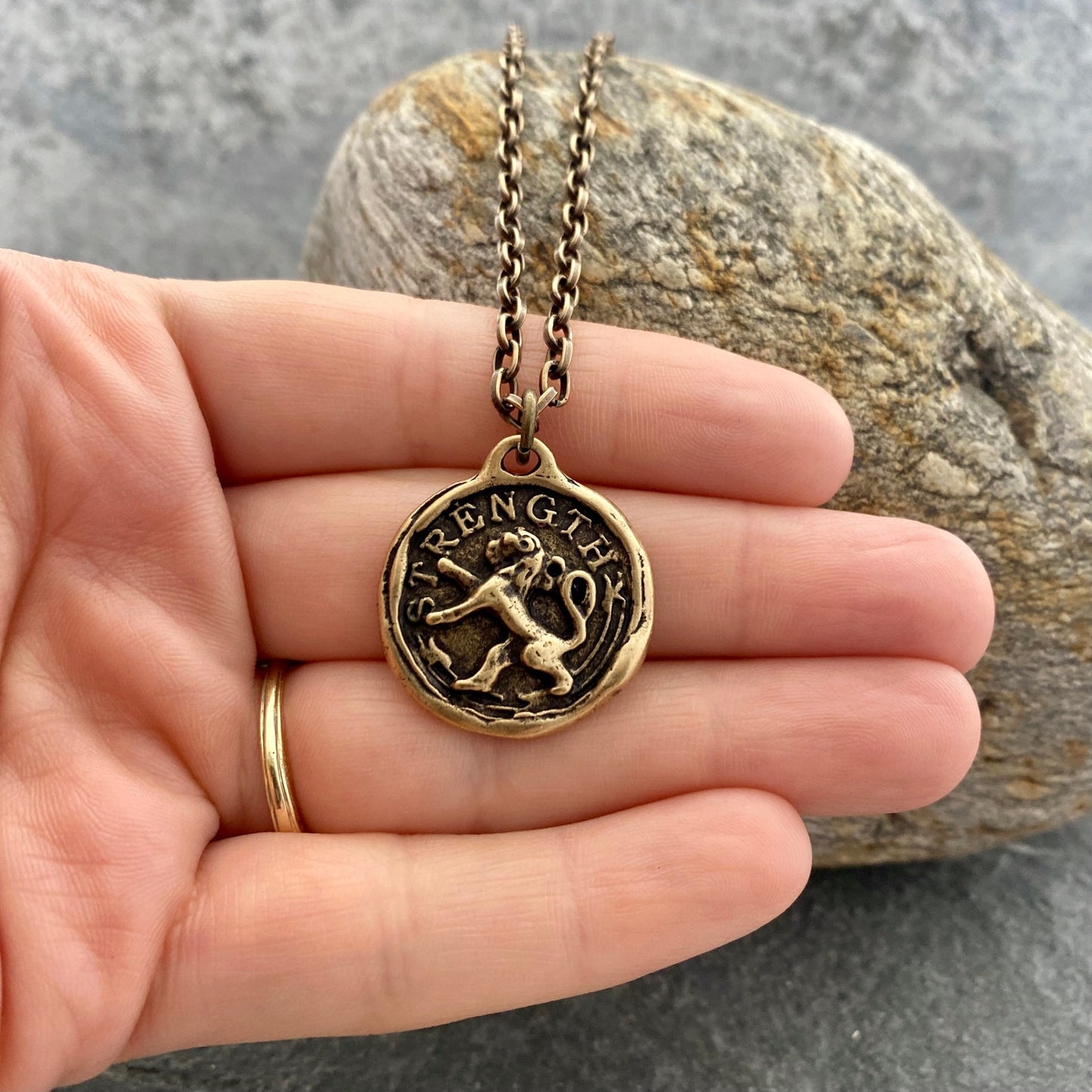Men's Lion, Strength Wax Seal Necklace, Antiqued Brass Bronze Unisex Jewelry, Chain length 20 or 24 inches BR-060