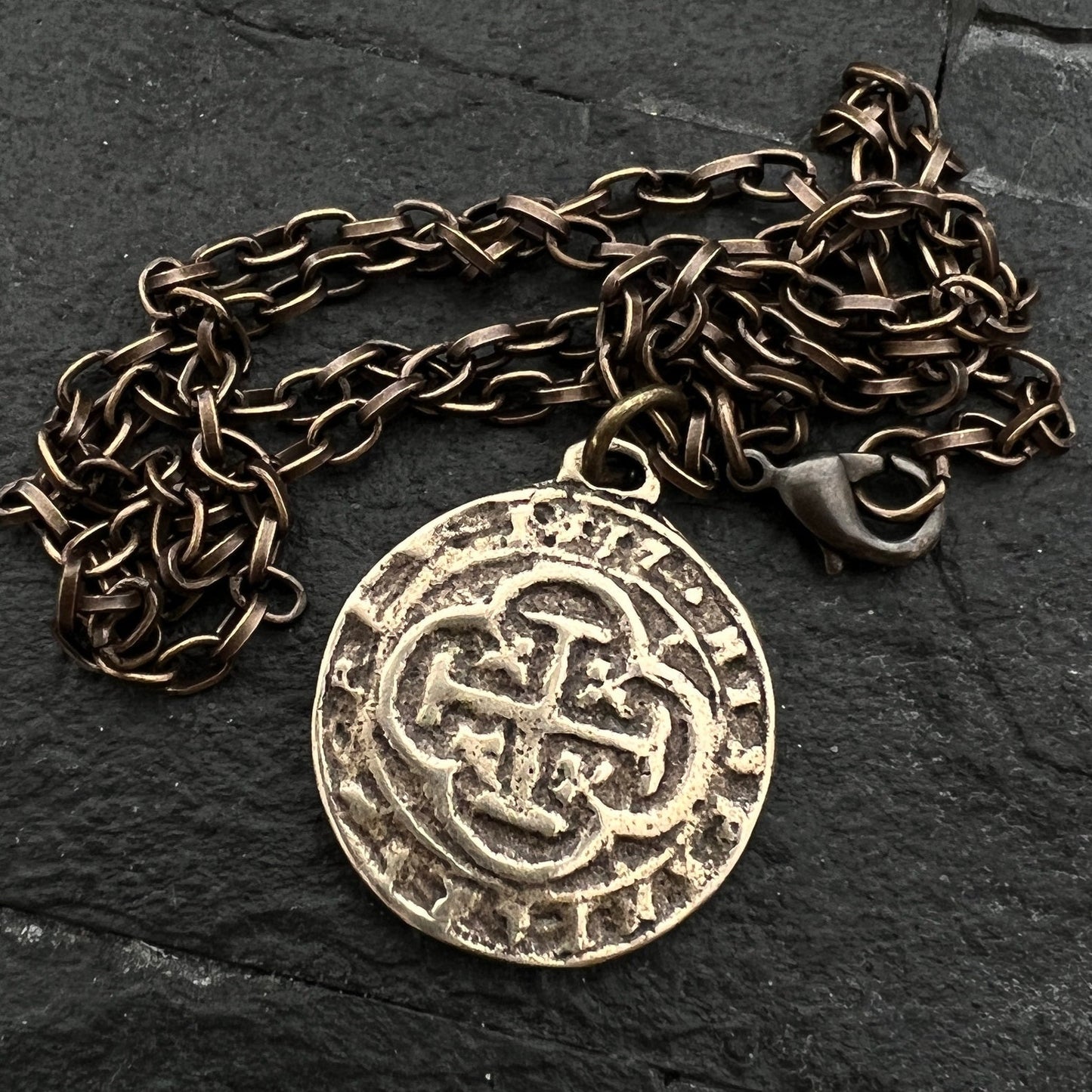 Old Spanish Doubloon Coin Men's Necklace, Shipwreck Pirate Cross Pendant Brass Bronze Medal, Unisex Jewelry, BR-062