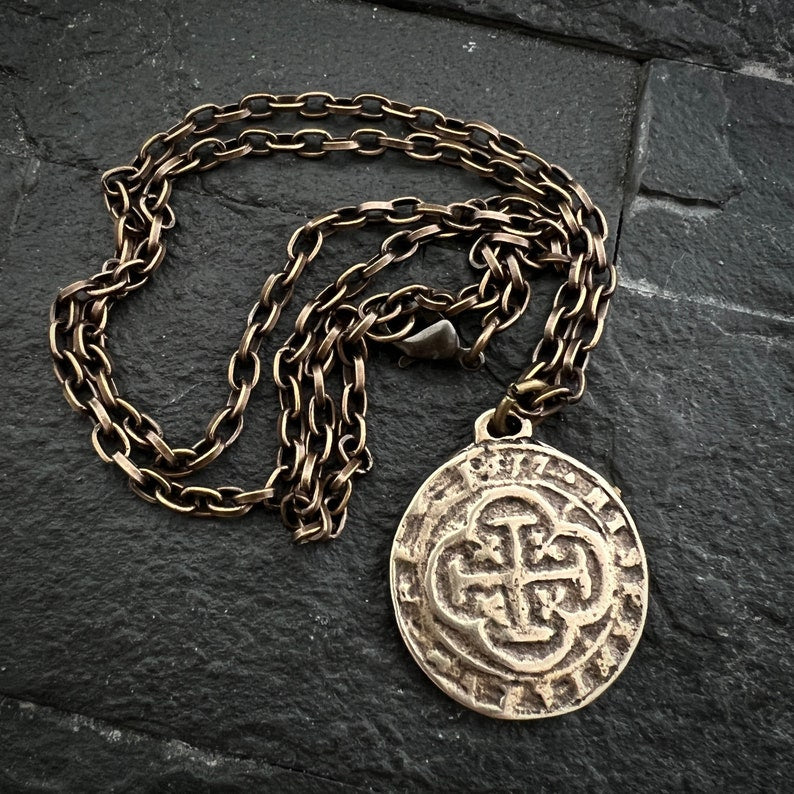 Old Spanish Doubloon Coin Men's Necklace, Shipwreck Pirate Cross Pendant Brass Bronze Medal, Unisex Jewelry, BR-062
