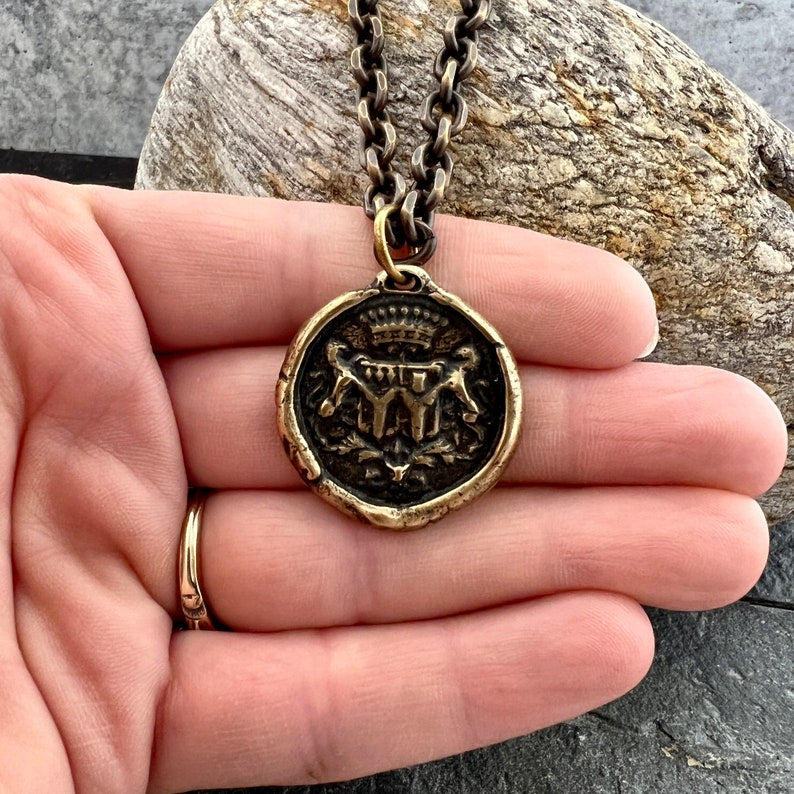 Men's Wax Seal Necklace with Crown, Antiqued Brass Bronze Unisex Amulet Jewelry, Chain length 20 or 24 inches BR-063