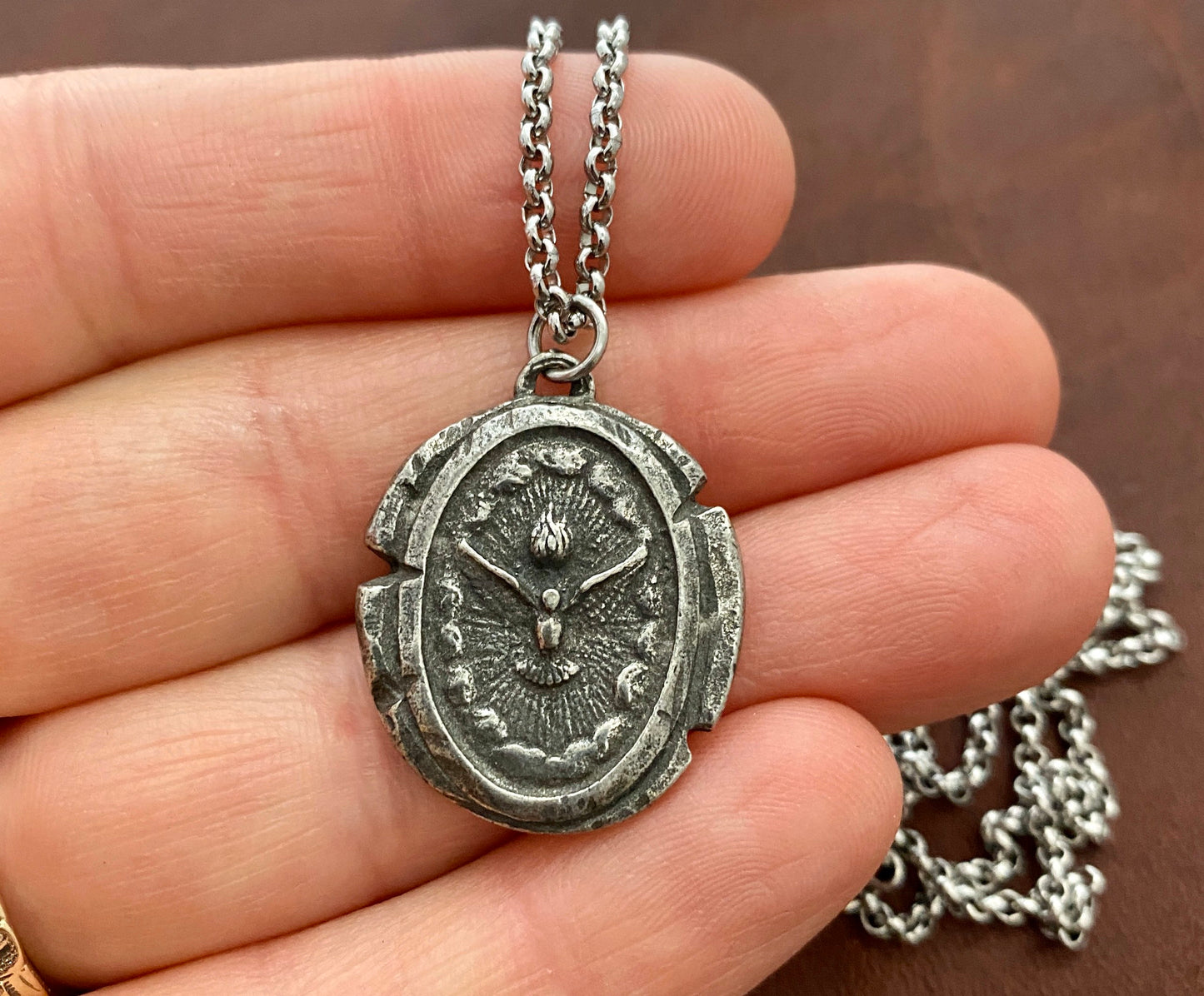 Men's Necklace with Dove Holy Spirit Wax Seal Medal, Unisex necklace, Catholic Jewelry, `
