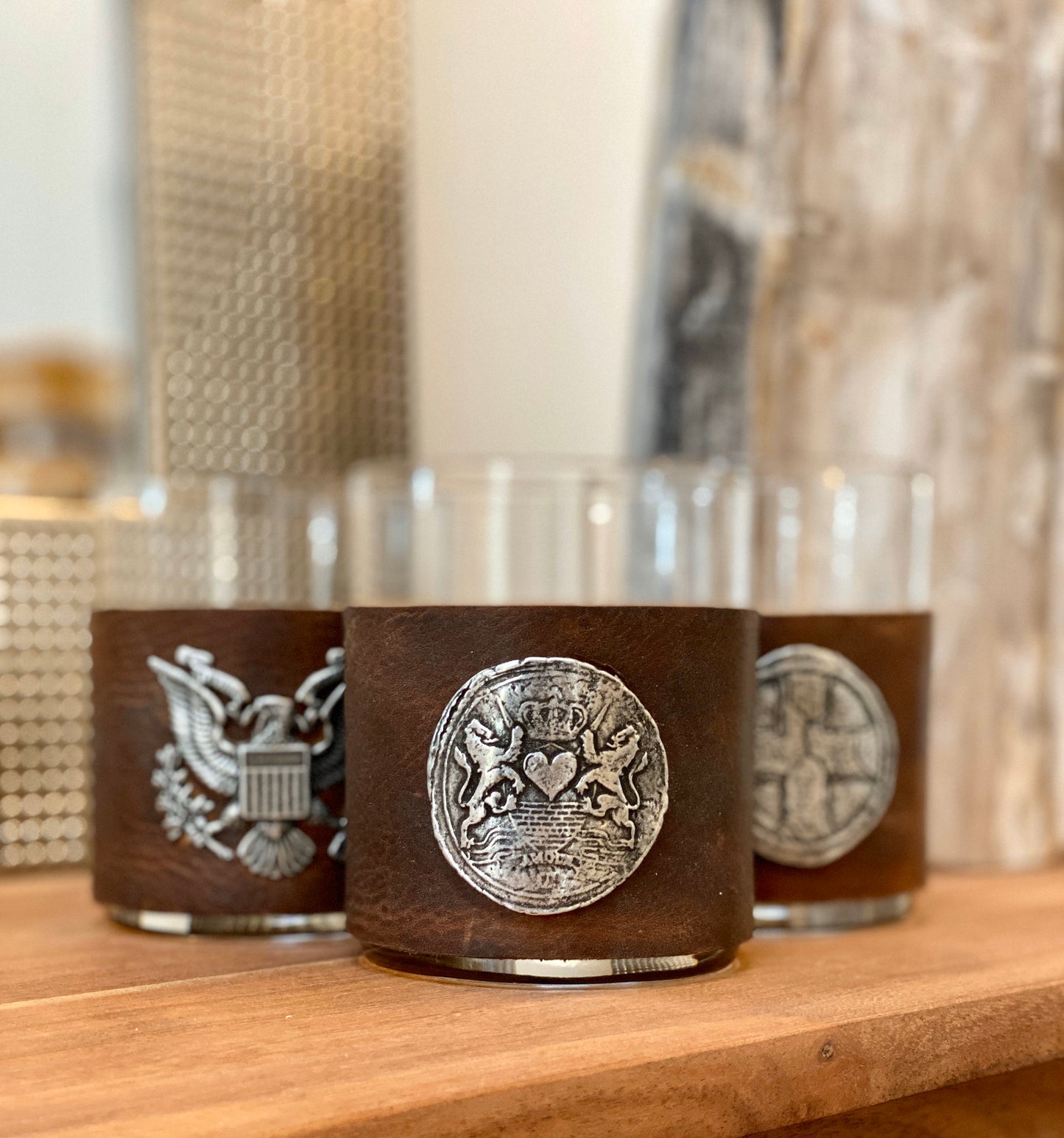 Custom Scotch Whiskey Glass, Highball, Coffee Color Leather Wrap, Antique style Wax Seal, Scotch Glasses, Genuine Leather, Love. Amour, French, BW-002